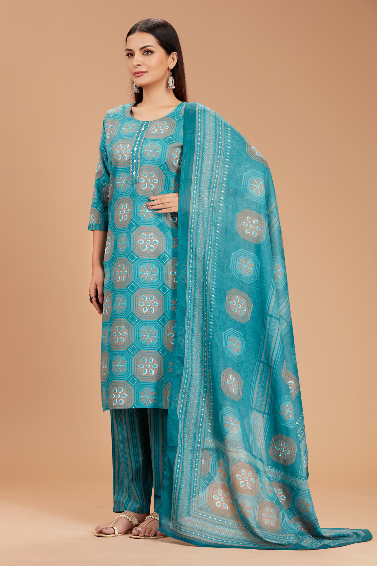 Teal Blue 3-Piece Suit Set With Dupatta